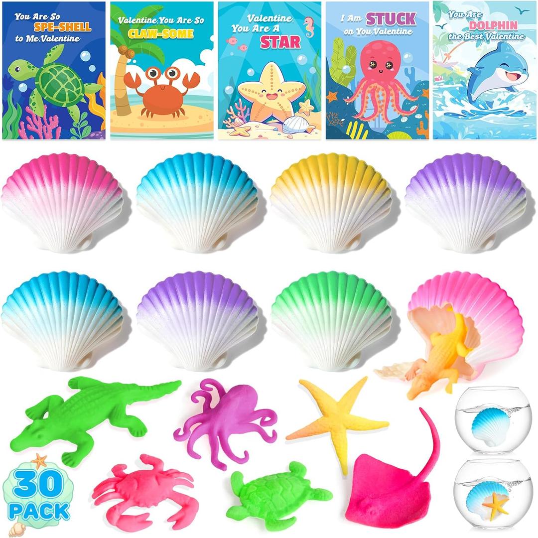 Valentines Day Gifts Cards for Kids, 30 Pack Valentines Day Gifts for Kids School with Rainbox Shells, Marine Life Blind Boxes for Boys Girls Valentines School Classroom Exchange Gift Party Favor