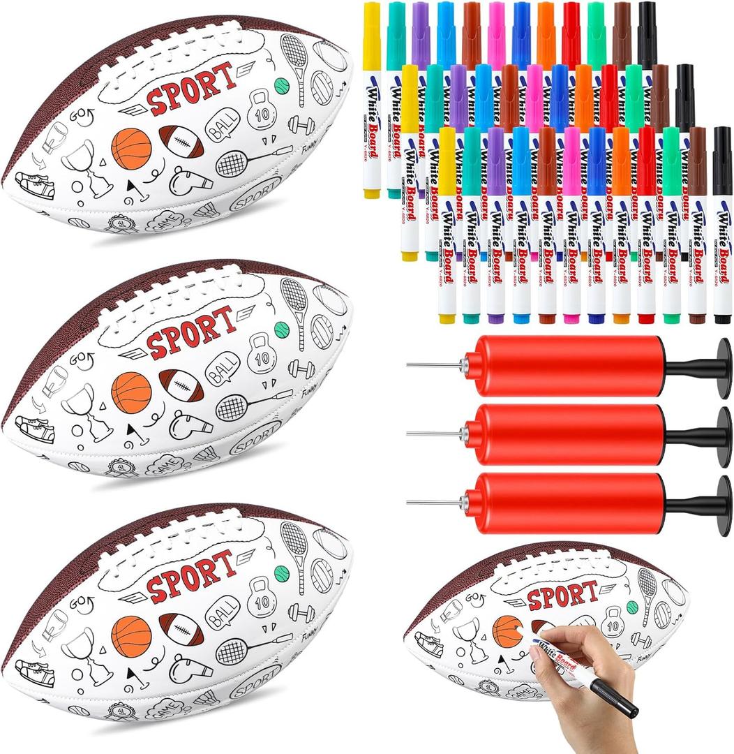 Soulchen 42 Pcs 10 Inch Football, Colors Your Own Footballs Craft Set, Adult Footballs Custom Designs Color Includes 3 Football, 36 Markers and 3 Inflators for Adult Gifts