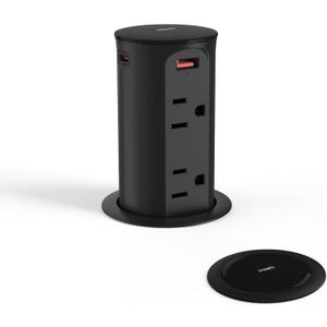 Pop up Outlet for Countertop,65W USB C Fast Charging Port,2.5-inch Hole Desktop Power Grommet,Recessed Power Strip,4 Outlets 4 USB Ports,15Amp Tamper Resistant ReceptacleETL Listed (Black)