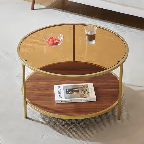 ElegLumi Modern Round Glass Coffee Table with Amber Glass Top, Round Glass Table for Living Room, D30''×H18'', Gold Table Legs Structure & Amber Glass Top