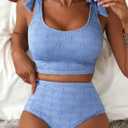 Herseas Womens High Waisted Bikini Set Seashell Textured Tie Shoulder Swim Suits Full Coverage Removable Pads 2 Piece Bathing Suit Cute Beach Vacation Essentials for Teens Sky Blue X-Large (Blue, XL)