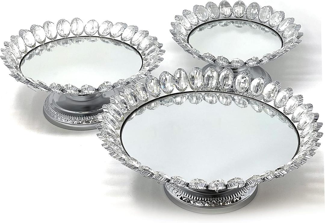 Allgala 3-Piece Set Crystal Silver Plated Cheese Dessert Cupcake Cake Stand with Mirror Plate-Silver Lotus-HD89208