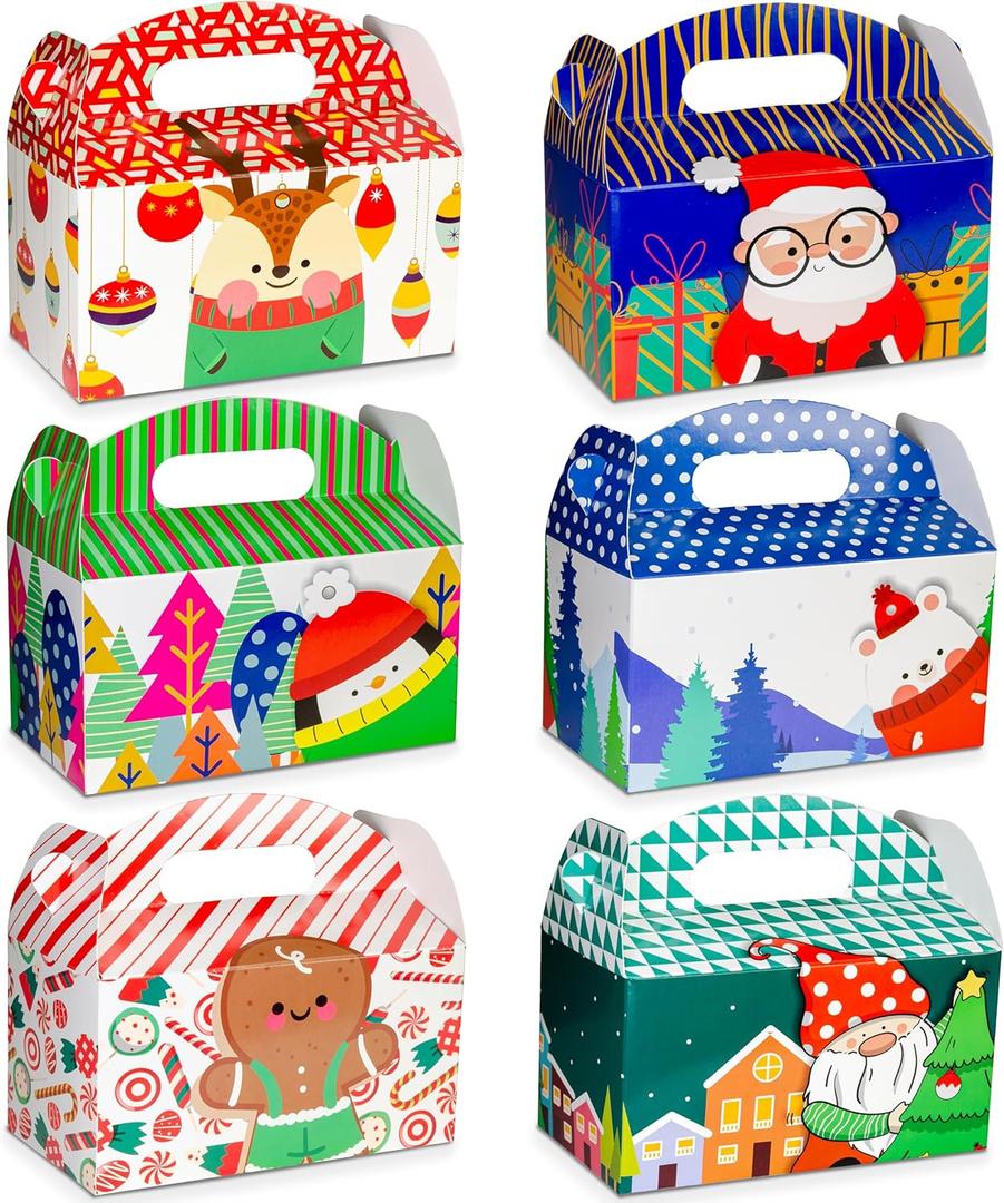 easykart labels 24 Christmas Treat Boxes, Xmas Cardboard Present Candy Cookie Boxes with Handles, Holiday Party Favor Supplies,6 Colourful Designs