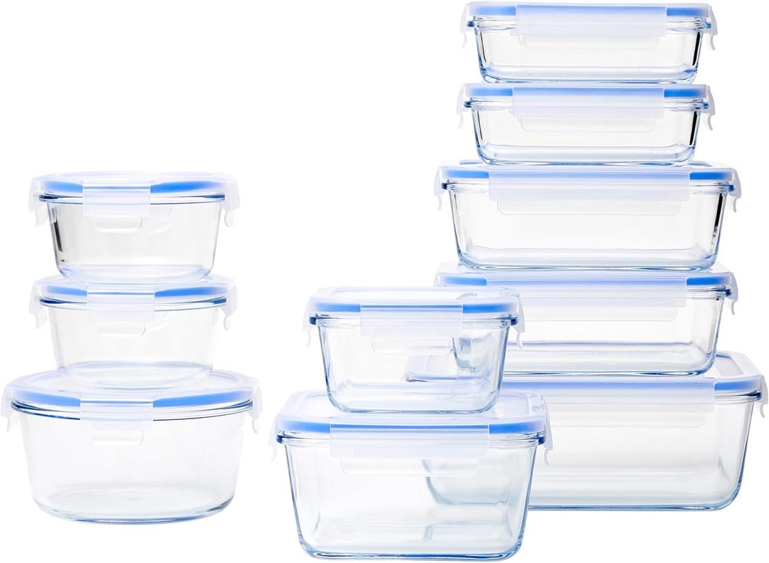 Amazon Basics Leak-Proof Glass Locking Lids Food Storage Containers, 20-Piece Set, includes 10 Bases and 10 Plastic Lids, Clear, Blue, BPA free