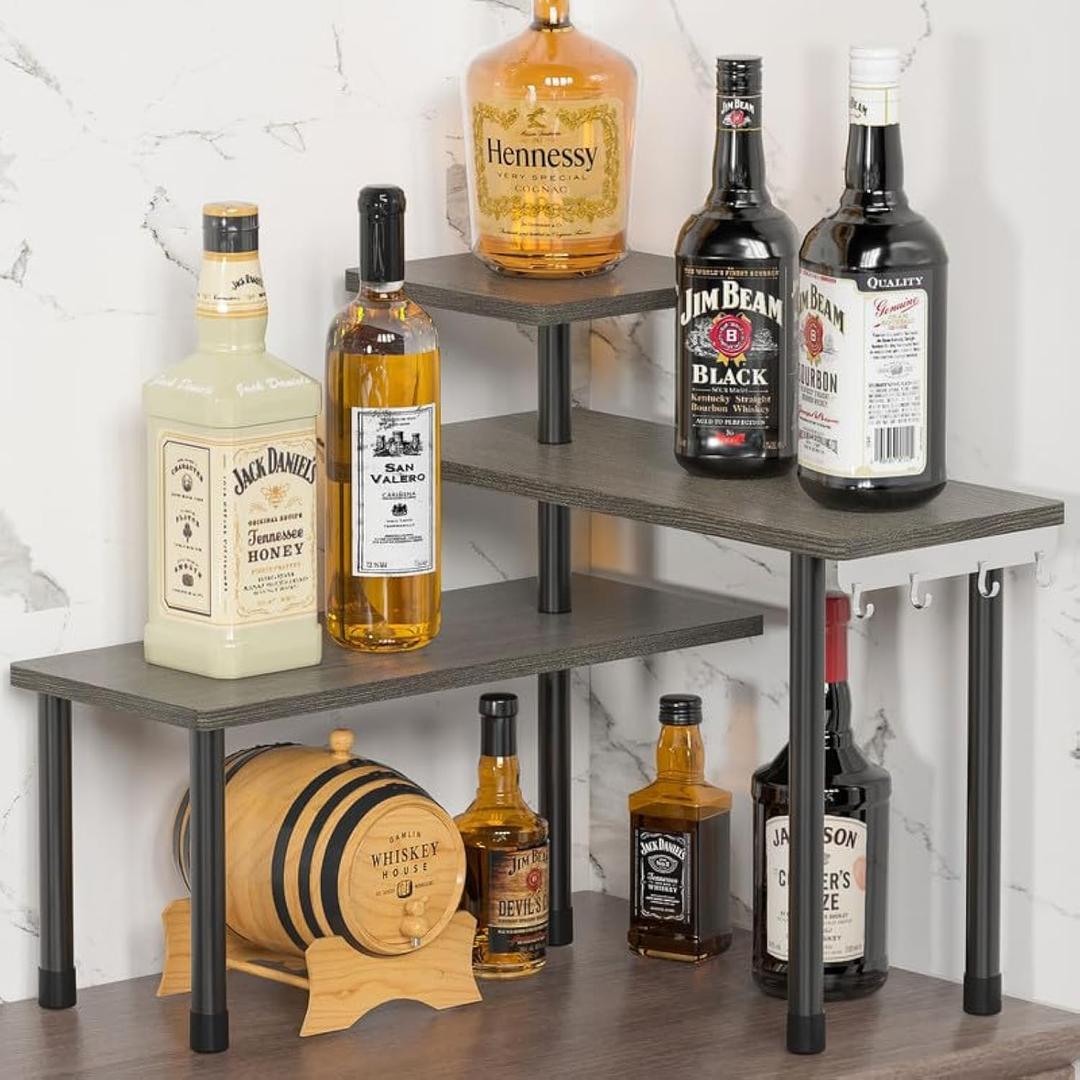 ZHWS Kitchen Countertop Organizer, Bathroom Counter Organizer, Adjustable 3 Tier Corner Shelf with 4 Metal Hooks for Counter Organize, Spice Rack, Makeups, Coffee Station Bookshelf (Rustic Grey) (16.9x16.9x15.3)