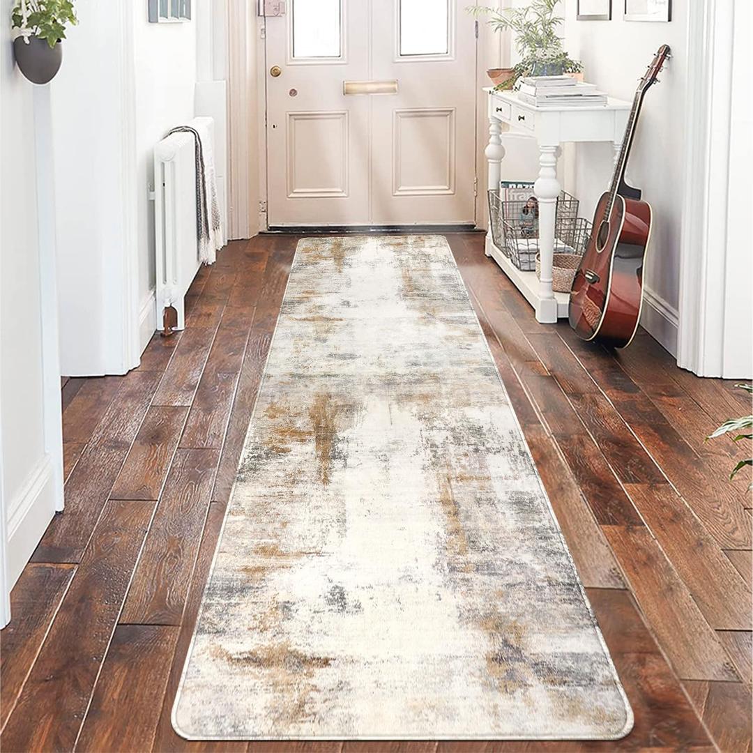 famibay Runners for Hallways Non Slip, Modern Abstract Washable Runner Rug, Soft Hallway Rug Pet Friendly Faux Wool Low Pile Carpet Floor Runner for Kitchen Bathroom Bedroom(Beige/Camel) (2x8ft)