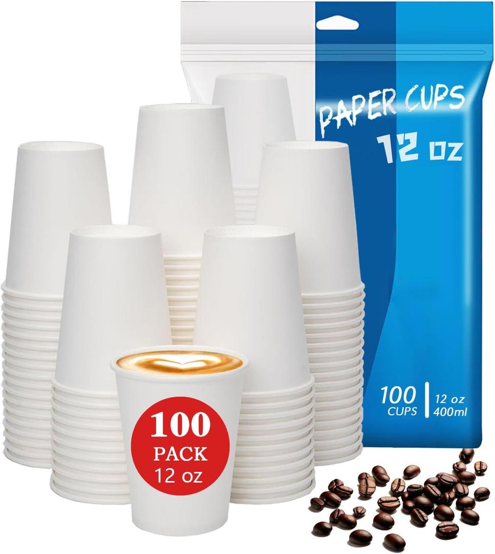 Disposable Paper Coffee Cups 12 oz 100 Count, Leak-Proof Paper Cups 12 oz, Sturdy White Coffee Cups for Cold and Hot Drinks, Party, Office, Travel and Events
