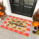 Fall Outdoor Rug Set, Hello Pumpkin Door Mat 28 x 43 in, 2 Pcs Welcome Mat Set, Orange and White Plaid Rug, Fall Front Porch Entryway Doormat Indoor Outdoor Decor, Thanksgiving Buffalo Plaid Mats (Hey There Pumpkin)