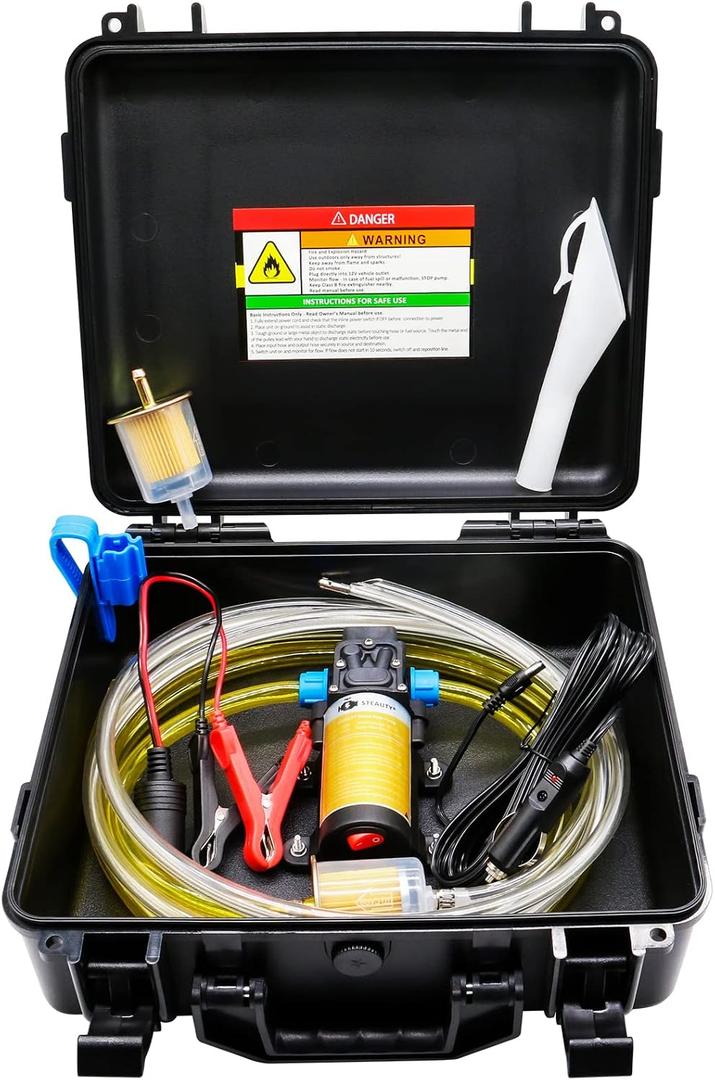 12V Fuel Transfer Pump Set, Moves Up to 85 Gallons Of Gas or Diesel Per Hour with Upgraded Carrying Case & Pulley Lead Pipe, for Vehicles, Boats, Equipment, Gasoline, Diesel (70W Boost Kit)