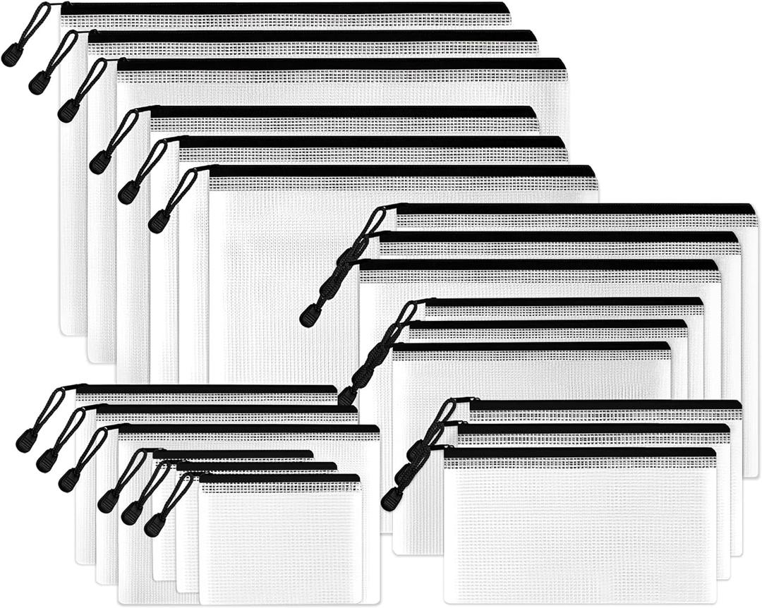 SUNEE Multisize Mesh Zipper Pouches (Black, 21 Packs), Water-Resistant Zip Bag for School Office Supplies, Puzzles & Games Organizing Storage (4x6-10x14)