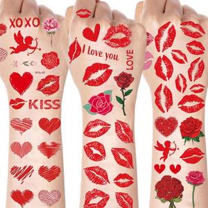 3 x 83Pcs Red Lip Heart Tattoos Stickers Valentine's Day Love Heart Rose Angel Arrow Line Fake Temporary Tattoos Stickers Waterproof Decals for Women Man Face Valentines Wedding Halloween Party Supplies