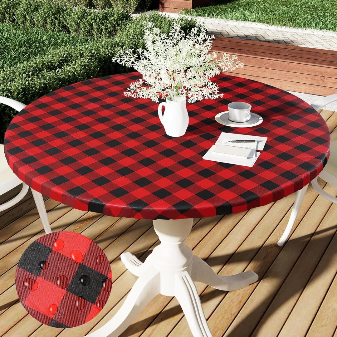 Smiry Round Picnic Tablecloth, Elastic Waterproof Fitted Vinyl Tablecloths for 36"-44" Tables, Flannel Backed Buffalo Plaid Table Cover for Dining, Camping, Outdoor, Black and Red