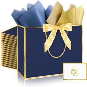 Addblu 12 Pack Large Navy Blue Gift Bags with Handles, 12.6x10x4'' Includes 36 Tissue Papers, Bow Ribbon & Cards for Wedding, Birthday, Bridesmaid, Groomsmen, Valentine's Day, Easter (Navy Blue and Gold, 12pcs)