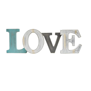 E-view Wooden Letters Sign Decorative Wood Block Signs Freestanding Word Cutout Distressed Teal Sign for Shelf Table Mantle Hanging Ornament Rustic Home Decor (Love)