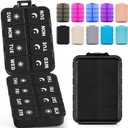Foldable Weekly Pill Organizer 2 Times a Day with 2 Extra Compartments (Clear Printed Labels) - Portable 7 Day AM PM Medicine Box, Week Daily Travel Pill Case Holder for Vitamin, Supplement - Black