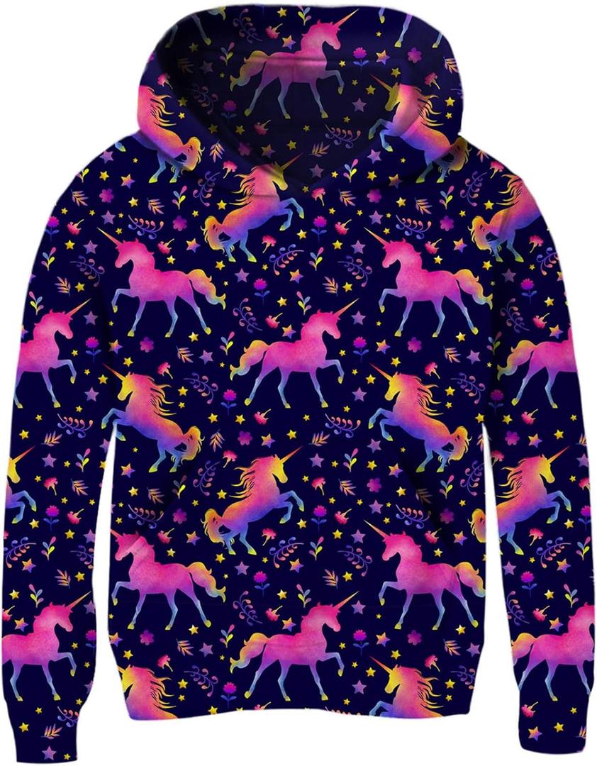 Teens Cool Purple Unicorn Pullover Sweater for Girls Fasion Pink Flower Hoodies 13 14 Years Juniors 3D Starry Galaxy Long Sleeve Spring Outfits Young Boys School Loose Fit Sports Sweatshirts,Big Kid