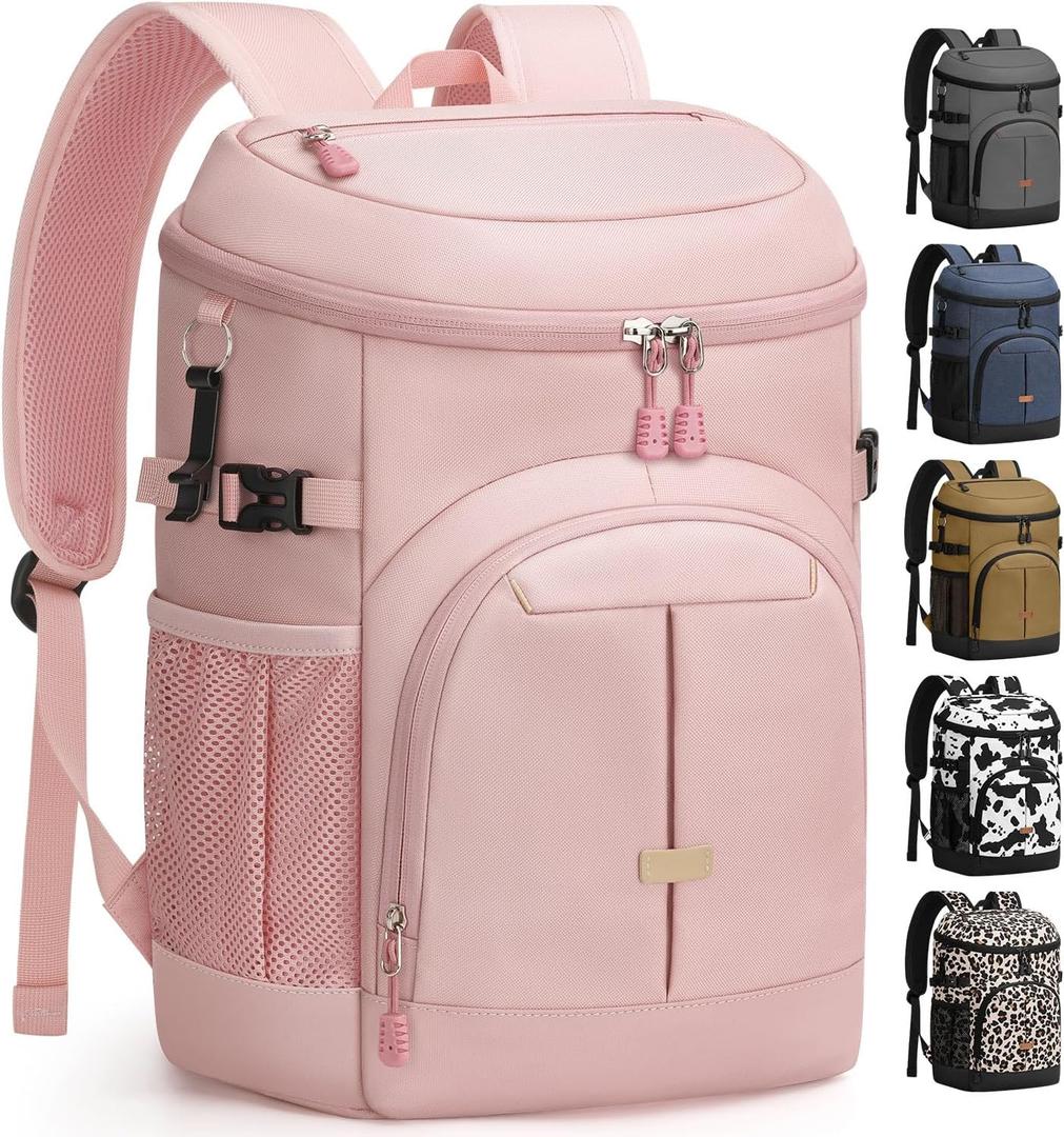 Pritent Cooler Backpack for Men Women Insulated Waterproof Backpack Cooler Leak Proof Cooler Bag Lightweight Lunch Backpack for Camping Beach Travel Picnic (30 Cans, Pink)