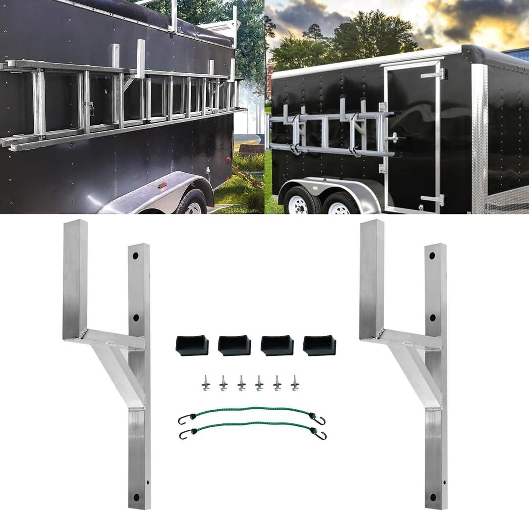 Ladder Rack for Trailer 2 Racks Side Mount Ladder Racks Heavy Duty Aluminum Ladder Racks with Bungee Cords, Trailer Ladder Rack Fit for Open and Enclosed Trailer Side Wall