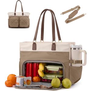 LOVEVOOK Lunch Tote Bag for Women, 2-in-1 Work Bag with Insulated Lunch Compartment, 15.6 Inch Large Capacity Laptop Tote with Cup Holder for Teacher, Nurse, Office, Outdoors, Khaki