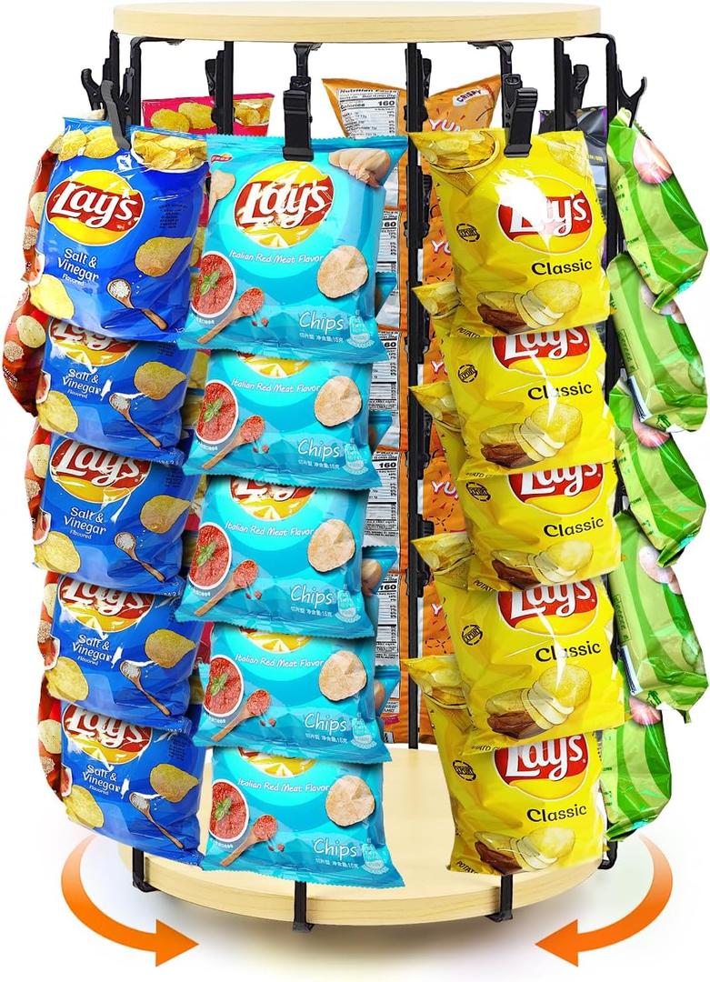Chip Rack Display Stand, 5 Tier 40 Clips Snack Organizer with Rotating Wooden Base, Chip Holder Stand Candy Display for Countertop, Concession Stand, Party, Retail, Office Snack Display Rack