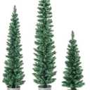 3-Pc Potted Artificial Christmas Tree Set with 3-4/5-ft Faux Slim Pencil Trees
