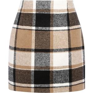 Kinghua Womens Wool Plaid Mini Skirt Fall Winter High Waisted Bodycon Pencil Skirt (Medium, Brown New)