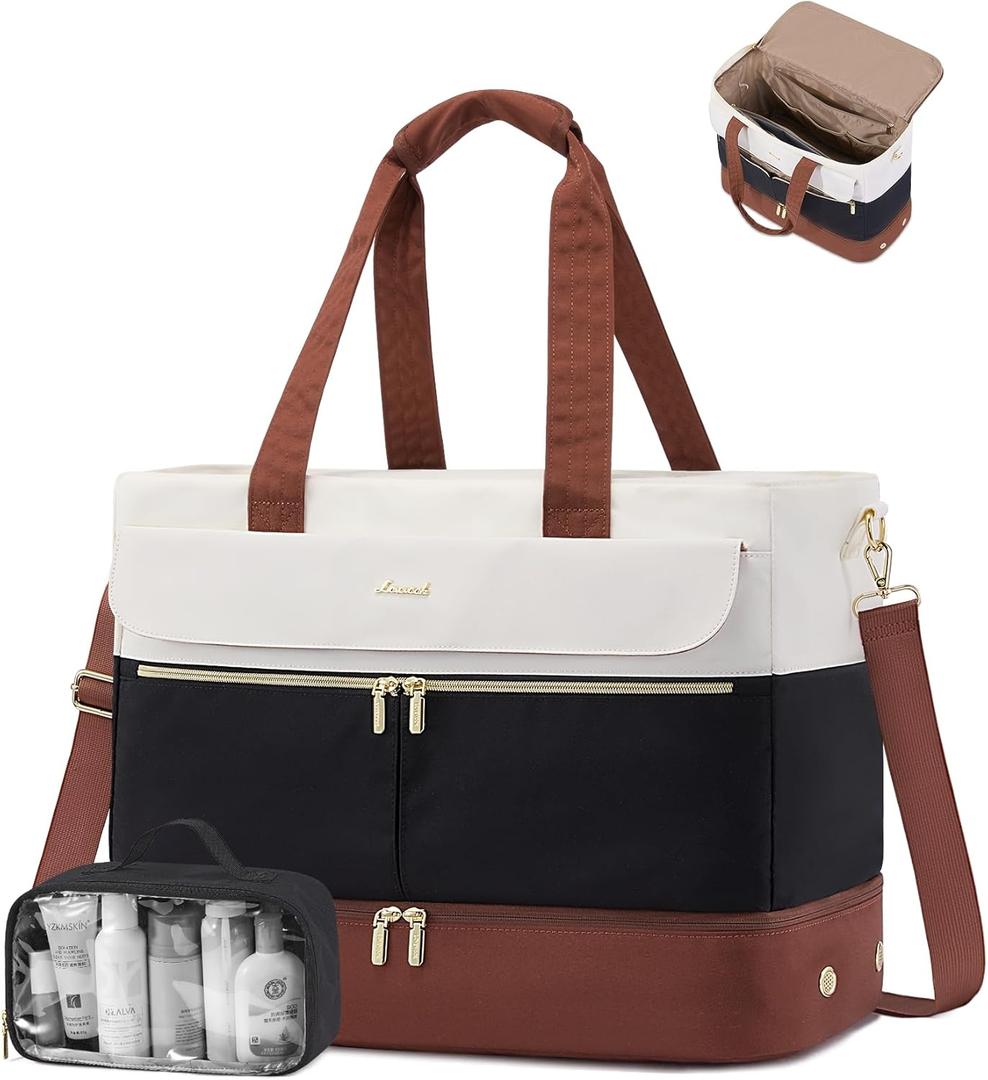 LOVEVOOK Weekender Bags for Women, Wide Open Large Travel Duffle Bag with Shoe Compartment, Carry on Overnight Bags, Hospital Bag for Women Labor Delivery with Wet Pocket (48L-2pcs, Black White Brown)