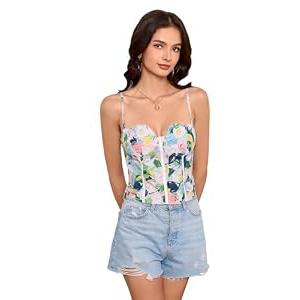 WDIRARA Women's Floral Print Heart Shaped Bustier Corset Cami Top Boho Slim Fit Camisole Blue Medium