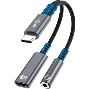 USB C to 3.5mm Headphone and Charger Adapter, 2 in 1 USB C to Aux Audio Jack with PD Fast Charging Dongle Cable Cord for Phone 16 15 Pro Max Samsung Galaxy S25 S24 S23 Pixel Ultra,iPad Pro (2 Port-Separate, Grey)