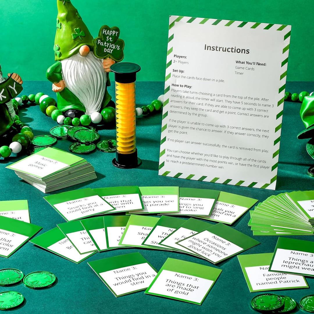 Leitee St. Patrick's Day 5 Second Game Question Cards and 5 Second Hourglass Family Clover Game Irish Themed Simple Questions for Party School Classroom, Family Activities Party Favors