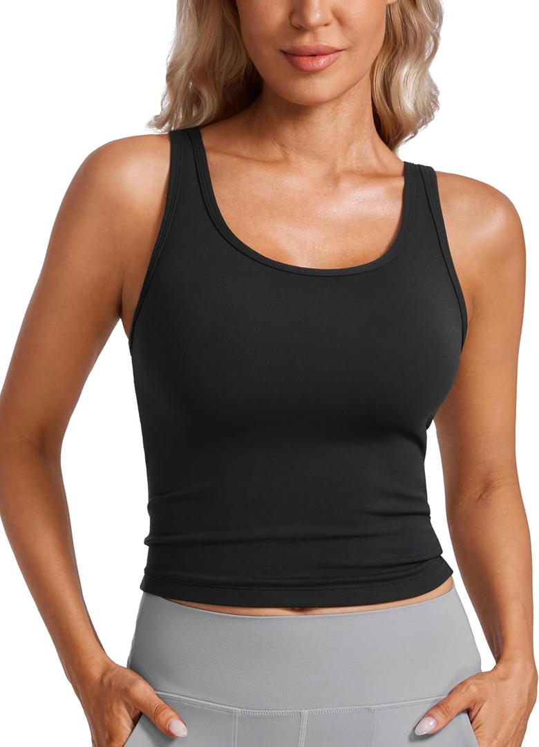 CRZ YOGA Womens Butterluxe Double Lined Workout Tank Tops Scoop Neck Racerback Cropped Casual Sleeveless Shirt (Black)