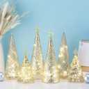 Set of 6 Illuminated Mercury Glass Christmas Tree Tabletop Tree Figurines with LED Lights Battery Operated Lighted Christmas Table Centerpieces for Indoor Fireplace Mantel Decorations (Stylish)