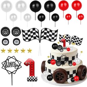 25 Pcs Racing Cake Topper Set, Birthday Candles Number 1 Glitter Race Car Cake Decorations with Red White Black Balls, Racingr Themed Cake Decor for Hero Party Supplies Halloween Decor
