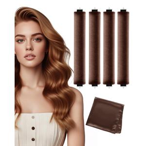 Heatless Hair Curler, Heatless Curls Overnight Set for Women, Soft Hair Curlers to Sleep in, Jumbo No Heat Hair Curlers Set with Headscarf and Hook for Long Hair (Brown, 4 Packs)