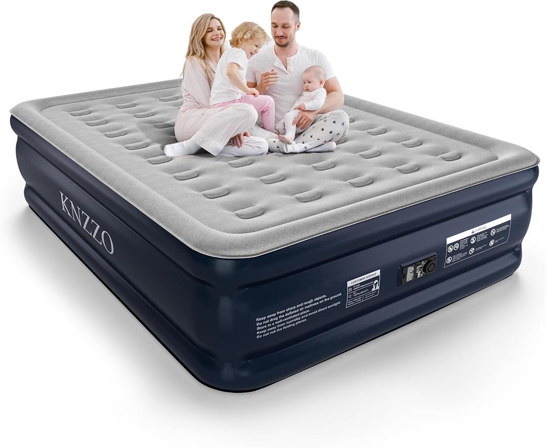 KNZZO Queen Air Mattress with Built-in Pump, 18" Top Inflatable Mattress with Waterproof Flocking Fabric, Three-Minute Quick-Inflatable Bed. Portable Blow Up Mattress for Home, Outdoor and Guests