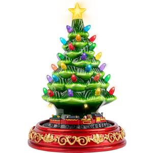 Animated Musical Christmas Decorations with Rotating Train - 10.5" Lighted Up Ceramic Christmas Tree with 38 Multicolored Lights for Xmas Decor Gift, Tabletop Decorative Christmas Ornaments