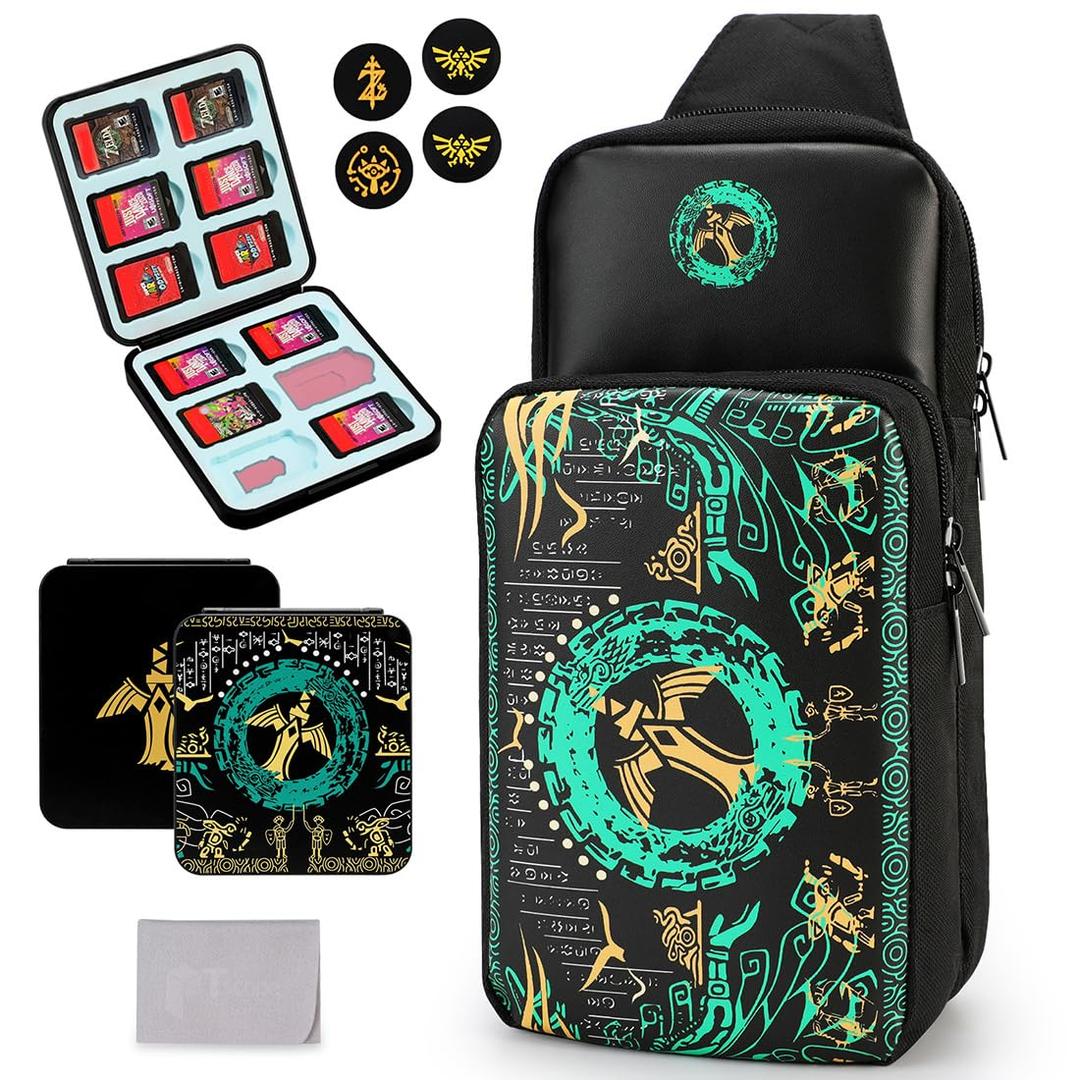 Owngen Travel Bag for Nintendo Switch/Lite/OLED, for Zelda Tears of the Kingdom Portable Sling Shoulder Crossbody Carrying Storage Accessories Backpack with Cute Game Card Case, 4 Thumb Grip Caps (Sword)