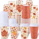 100 Set Fall Disposable Coffee Cups with Lids, 12 oz Autumn Pumpkin Maple Leaves Paper Cup Insulated Paper Coffee Cups for Hot Cold Tea Drinks Harvest Party Reception, 4 Styles