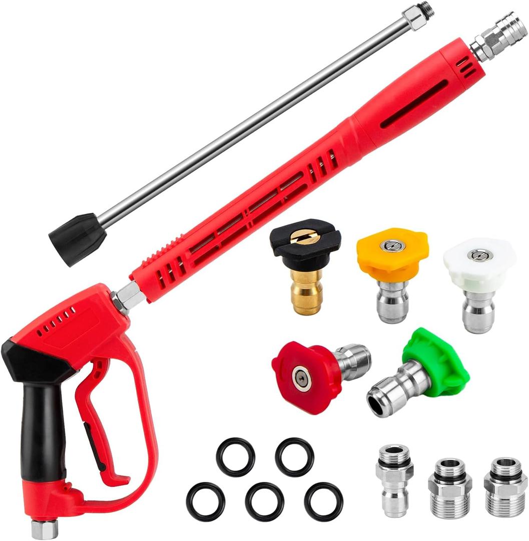 High Pressure Washer Gun 5000 PSI, Power Washer Gun with Replacement Wand Extension, 5 Nozzle Tips, 1/4''Quick Connect Plug and M22-14mm & M22-15mm Fitting, 40 Inch, Long Gun