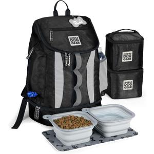 Mobile Dog Gear, Dog Travel Bag, Drop Bottom Week Away Backpack for Medium and Large Dogs, Includes 2 Lined Food Carriers and 2 Collapsible Dog Bowls, Black