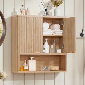 LEYAOYAO Fluted Bathroom Wall Cabinet, Wall-Mounted Medicine Cabinet with Adjustable Shelf & Doors, Farmhouse Floating Over the Toilet Storage Cabinets for Laundry Room, Kitchen, Living Room (Natural)