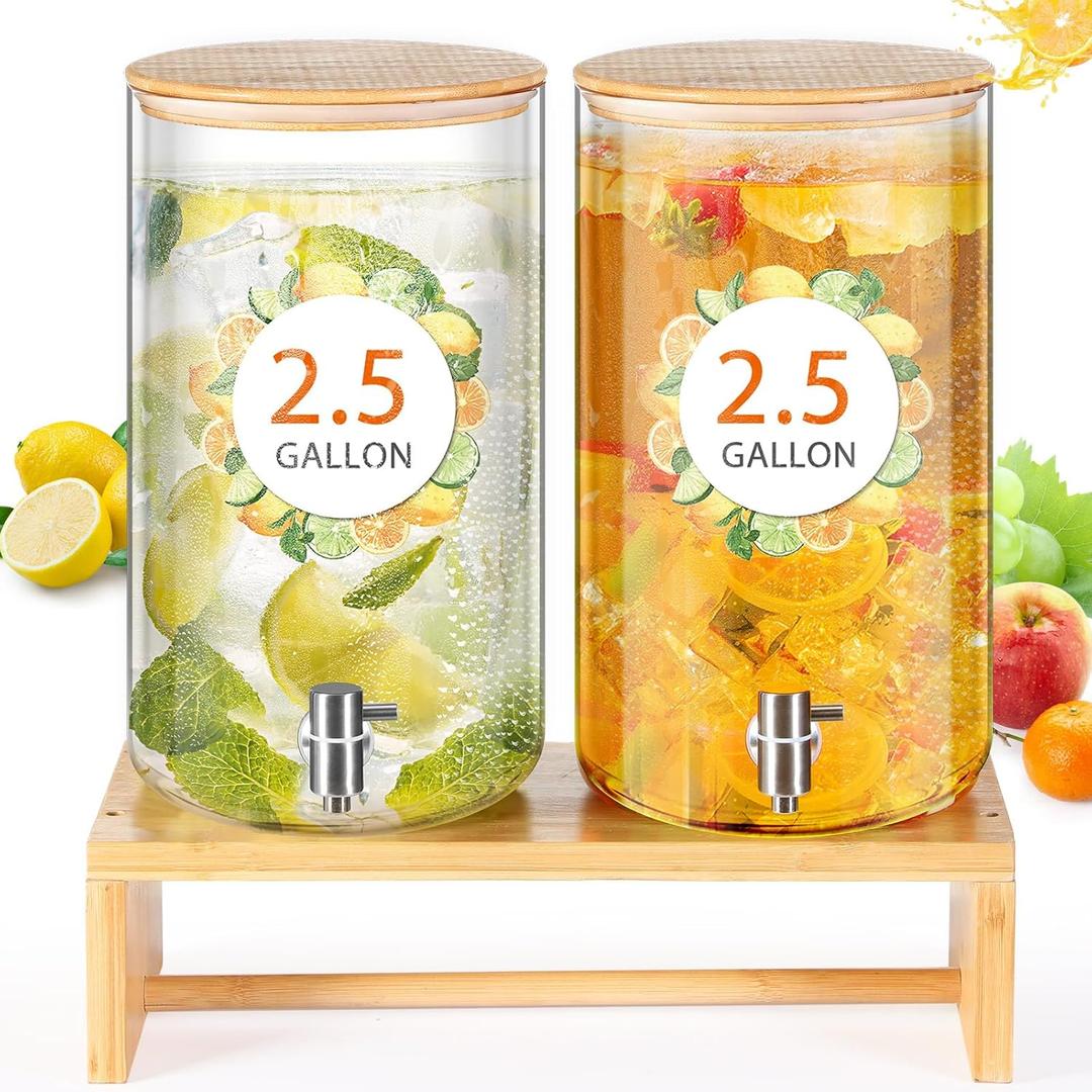 Honeydak 2 Pcs 2.5 Gallon Glass Drink Dispenser with Stand Glass Water Beverage Dispenser with Bamboo Lid and Stainless Steel Spigot Water Jar Leakproof for Picnics BBQ Lemonade Juice Party Drinks