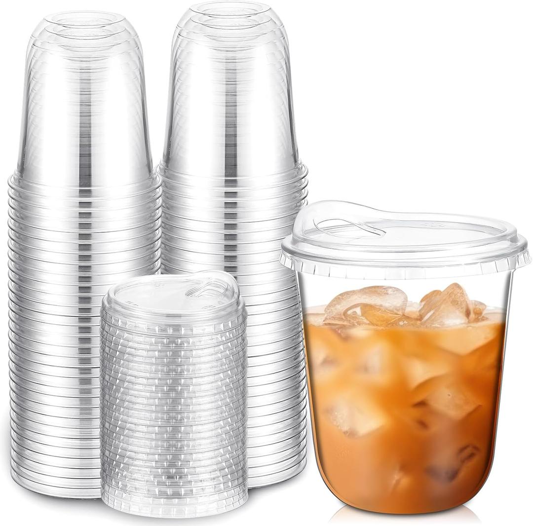 Baderke 50 Pcs Clear Plastic Cups with Strawless Sip Lids Disposable Round Bottom Togo Cups for Coffee Smoothie Cold Beverage Coffee Shops and Party Catering (12 oz)