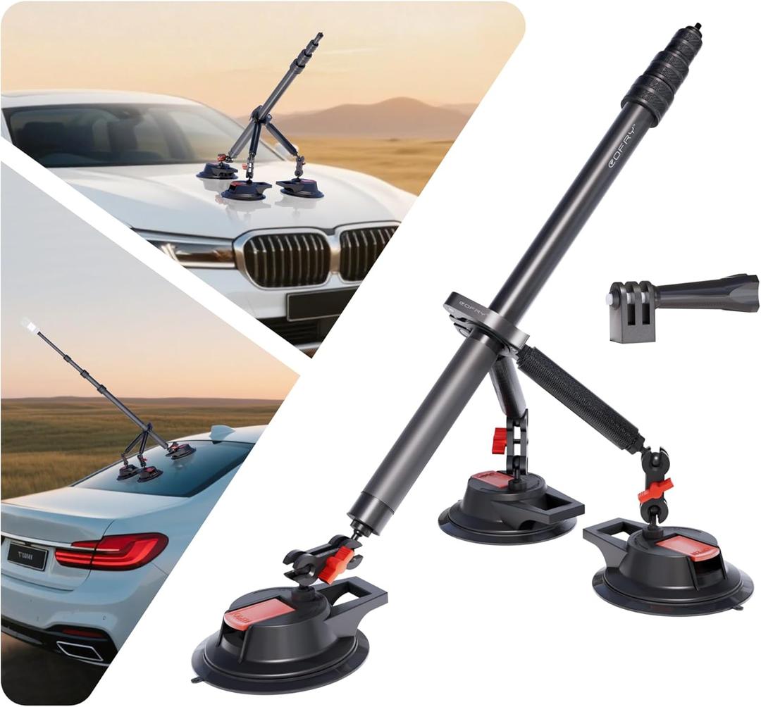 Heavy-Duty Triple Suction Cup Car Mount Kit - Professional External Extension Pole Insta360 Car Mount,Windshield Magic Arm GoPro Car Mount with Action Camera Adapter Compatible with Insta360/GoPro/DJI (black)