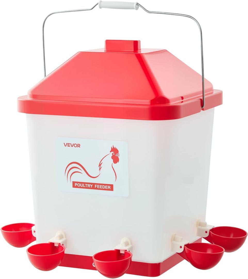 VEVOR 5 Gallon Automatic Chicken Waterer, 6 Water Ports, Automatic-Fill Water Cup, Automatic Gravity Waterer with Handle & Sealed Rubber Ring, Waterproof PP Material, No Waste Design, for Chicken