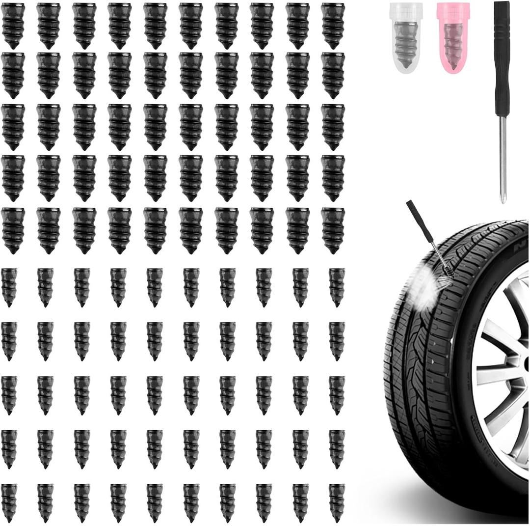 100PCS Tire Plug Kit,Self-Service Flat Tire Repair Kit Including Screwdriver,Upgraded Thickened Adhesive-Covered Tires Repair Screws for Sudden Flat Tyres Emergencies (100PCS)