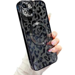 for iPhone 14 Case Magnetic, Soft Cute Luxury Leopard Cheetah Pattern Plating Glitter Bling Phone Case Compatible with MagSafe Clear Shockproof Back Cover for Women Girl 6.1"-Black