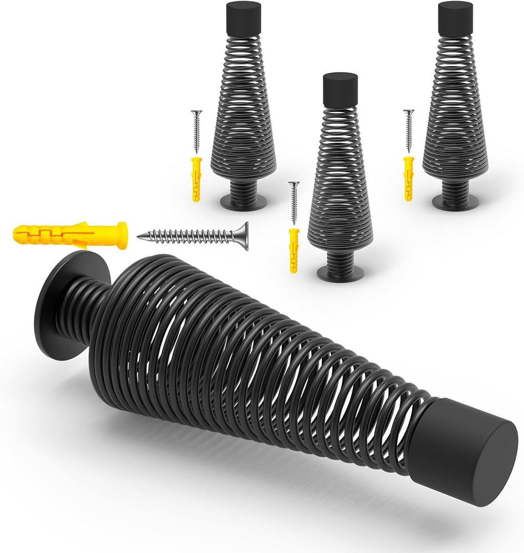 Mousike 4.5" Matte Black Door Stoppers (4 Pack) - Heavy Duty Industrial Spring Stops for Solid Core, Garage, Warehouse, Office & Commercial Doors - Silent, Strong, Shock Absorbing Topes para Puertas