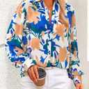 PRETTYGARDEN Women's Floral Blouses Dressy Casual V Neck Button Down Shirts Lantern Long Sleeve Boho Chiffon Spring Tops 2026 (Blue, S)