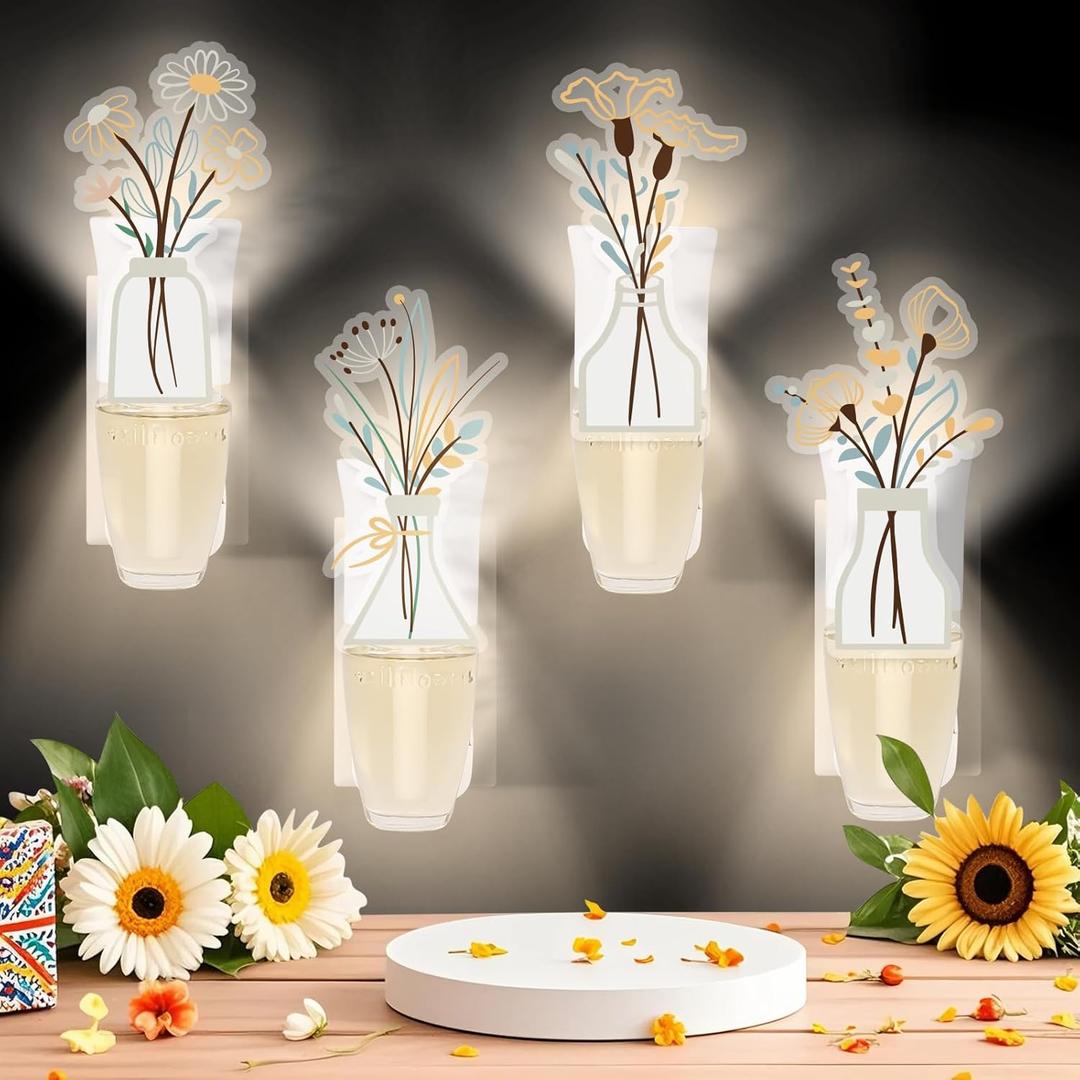 4 Pack Boho Flowers Wall Fragrance Plug in with Night Light, Compatible with Bath & Body Works Wallflowers Refill Vase Flowers Light Decor for Home Bedroom Bathroom Kitchen Hallway Supplies